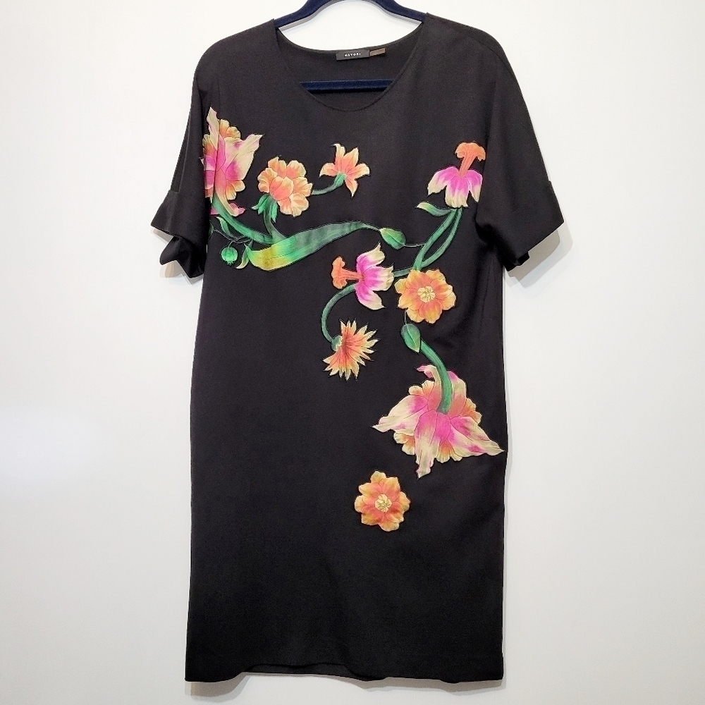 Natori Lightweight Black Ponte Floral Applique T-Shirt Dress Size Small - Picture 4 of 12